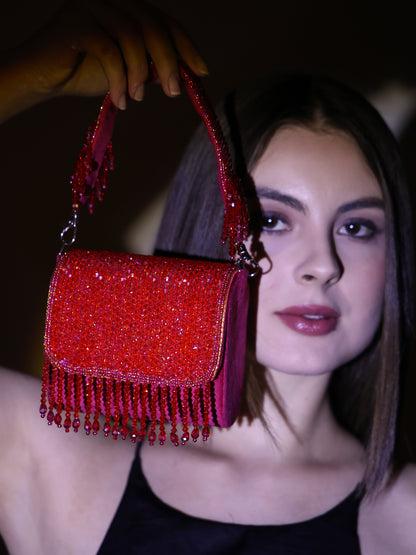 Women Multicolor Beaded Flap Handbag with Chain Strap