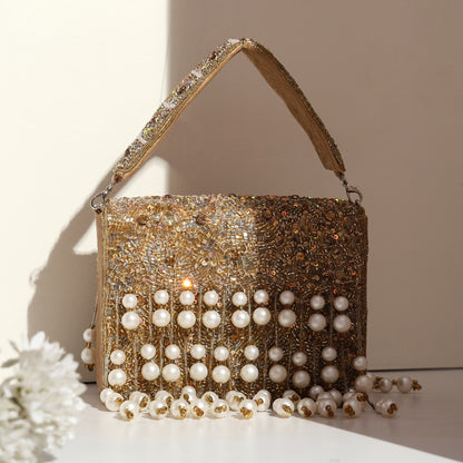 Pearl Cascade – Handcrafted Beaded Flap Bag with Hanging Pearls | Designer Evening Bag for Women