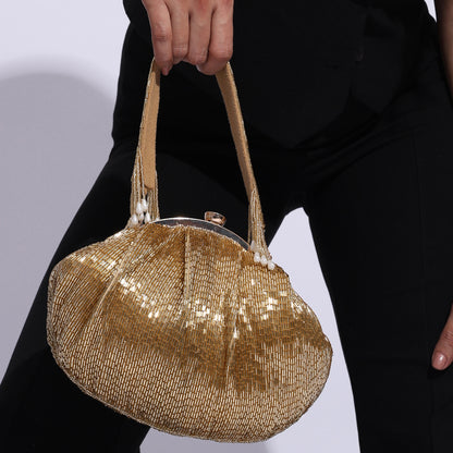 Heera Belle Hand-Beaded Batua Bag – Vintage-Inspired Party Clutch with Pearl Tassel Handle & Metal Frame Closure