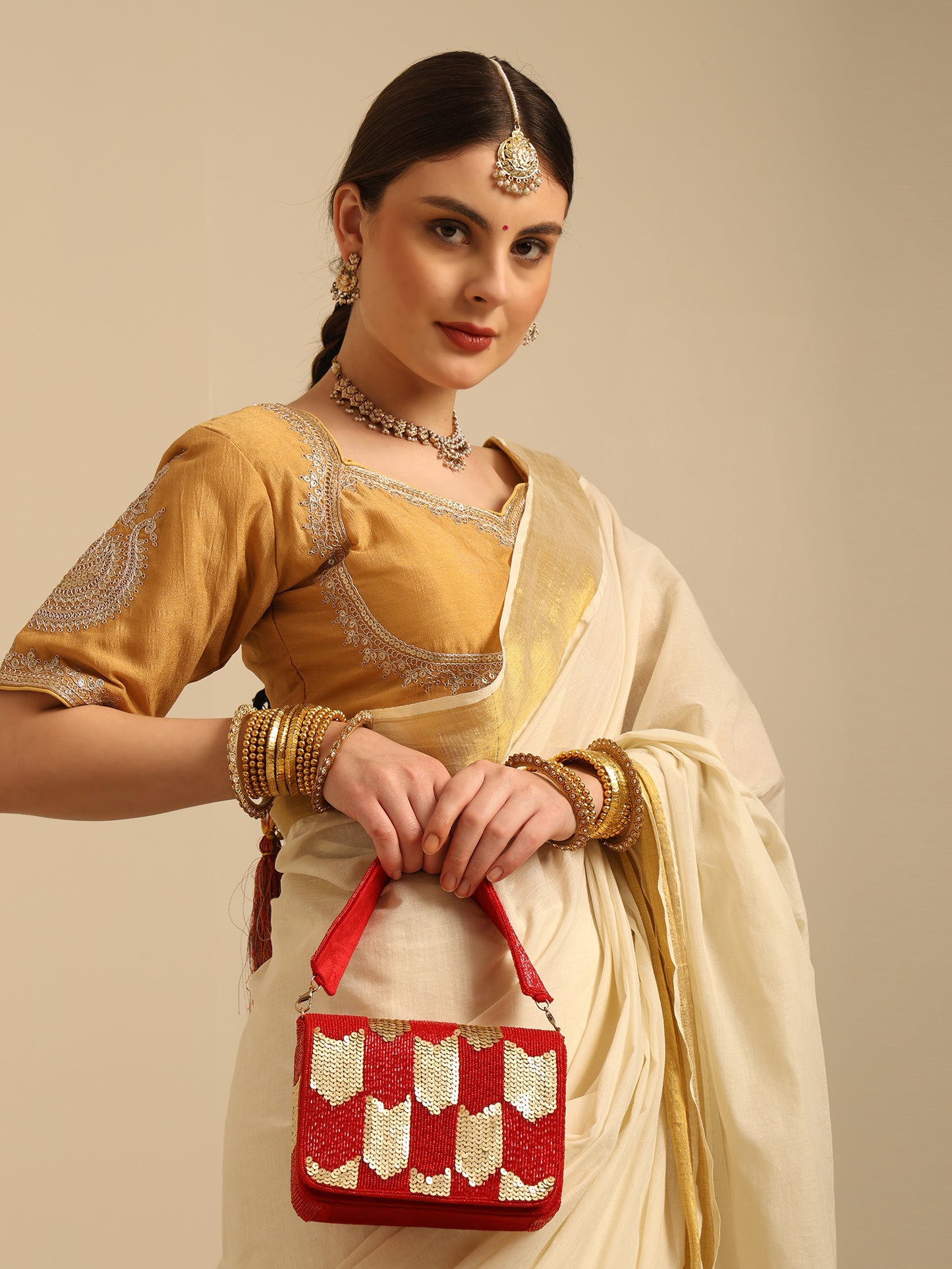 Women Red & Gold Sequin Flap Bag with Chain Strap