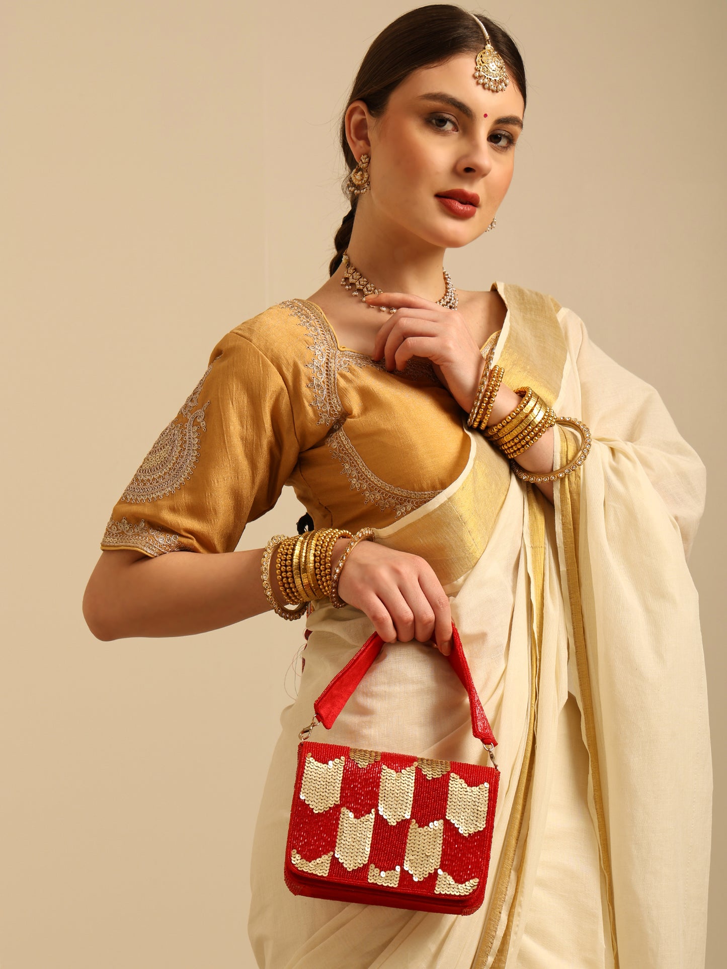 Women Red & Gold Sequin Flap Bag with Chain Strap