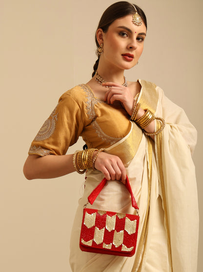 Women Red & Gold Sequin Flap Bag with Chain Strap