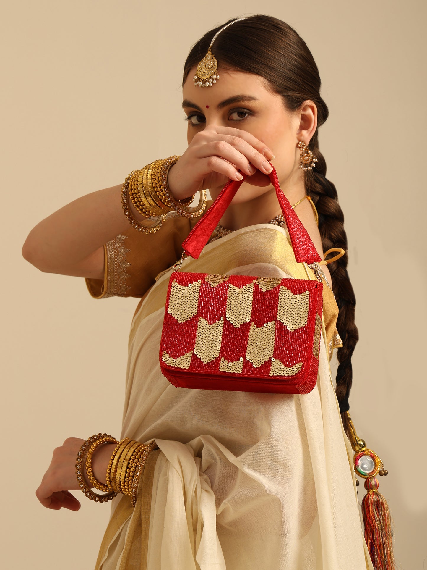 Women Red & Gold Sequin Flap Bag with Chain Strap