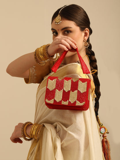 Women Red & Gold Sequin Flap Bag with Chain Strap