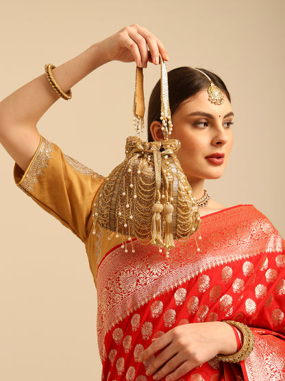 Women Golden Beaded Potli Bag with Pearl Tassels