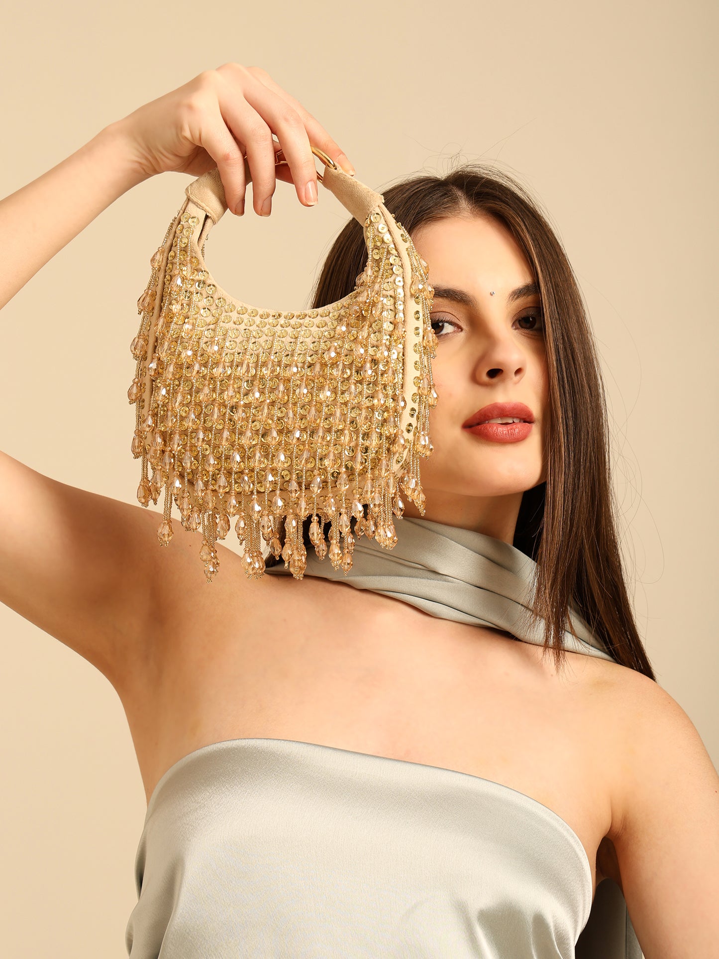 Women Embellished Hobo Bag with Bead and Sequin Fringe Detail