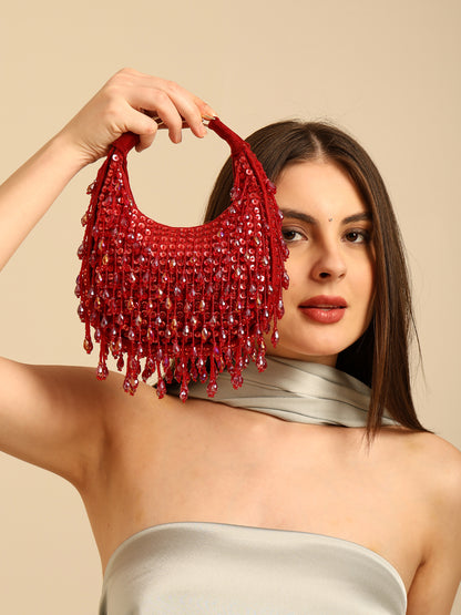 Women Red Sequin Handbag with Fringed Detail and Gold Hardware
