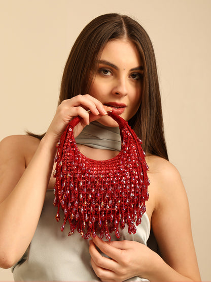Women Red Sequin Handbag with Fringed Detail and Gold Hardware
