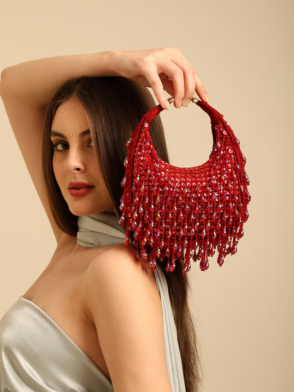 Women Red Sequin Handbag with Fringed Detail and Gold Hardware