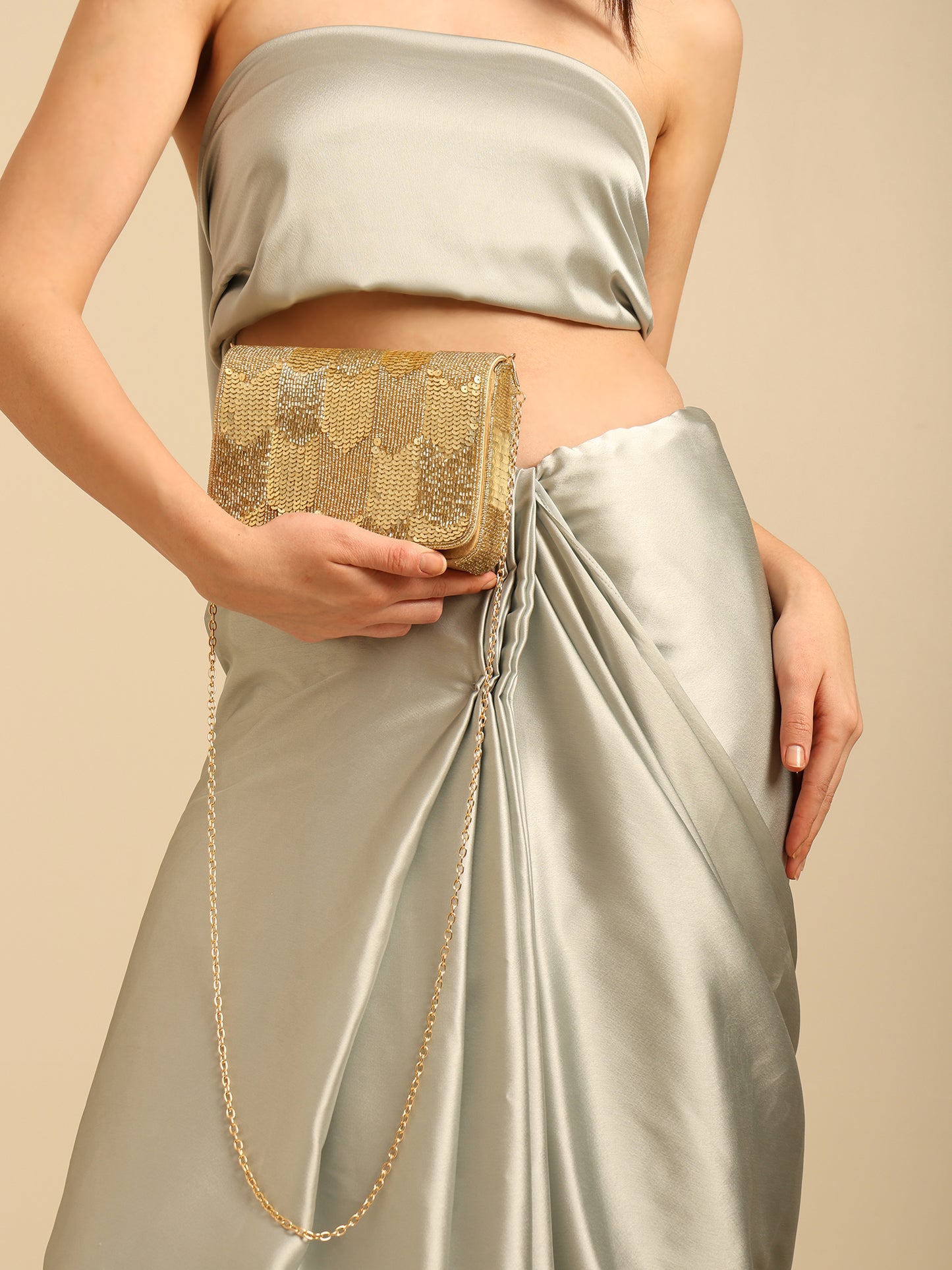 Women Gold Sequin Flap Bag with Chain Strap and Magnetic Closure