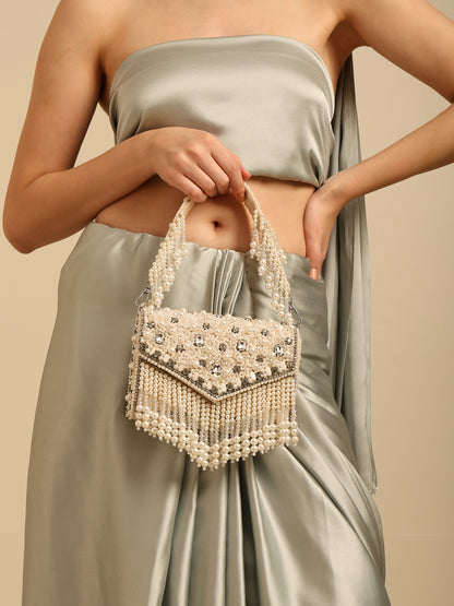 Women Pearl-Embellished Flap Handbag with Crystal Details and Fringed Tassels