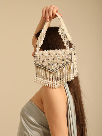 Women Pearl-Embellished Flap Handbag with Crystal Details and Fringed Tassels