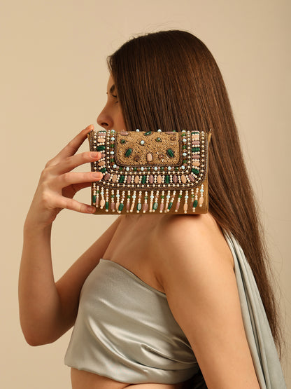 Women Beaded Flap Bag with Fringed Detailing and Chain Strap