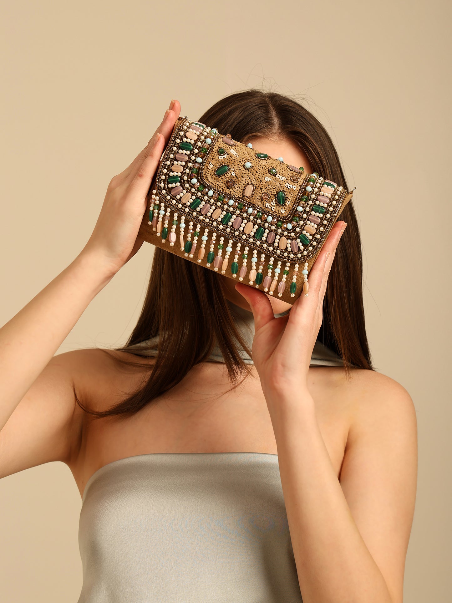 Women Beaded Flap Bag with Fringed Detailing and Chain Strap