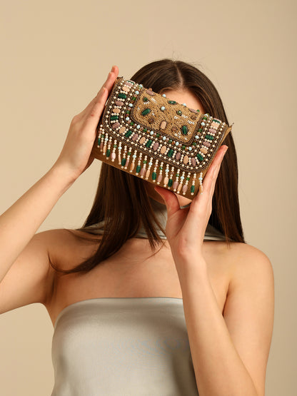 Women Beaded Flap Bag with Fringed Detailing and Chain Strap