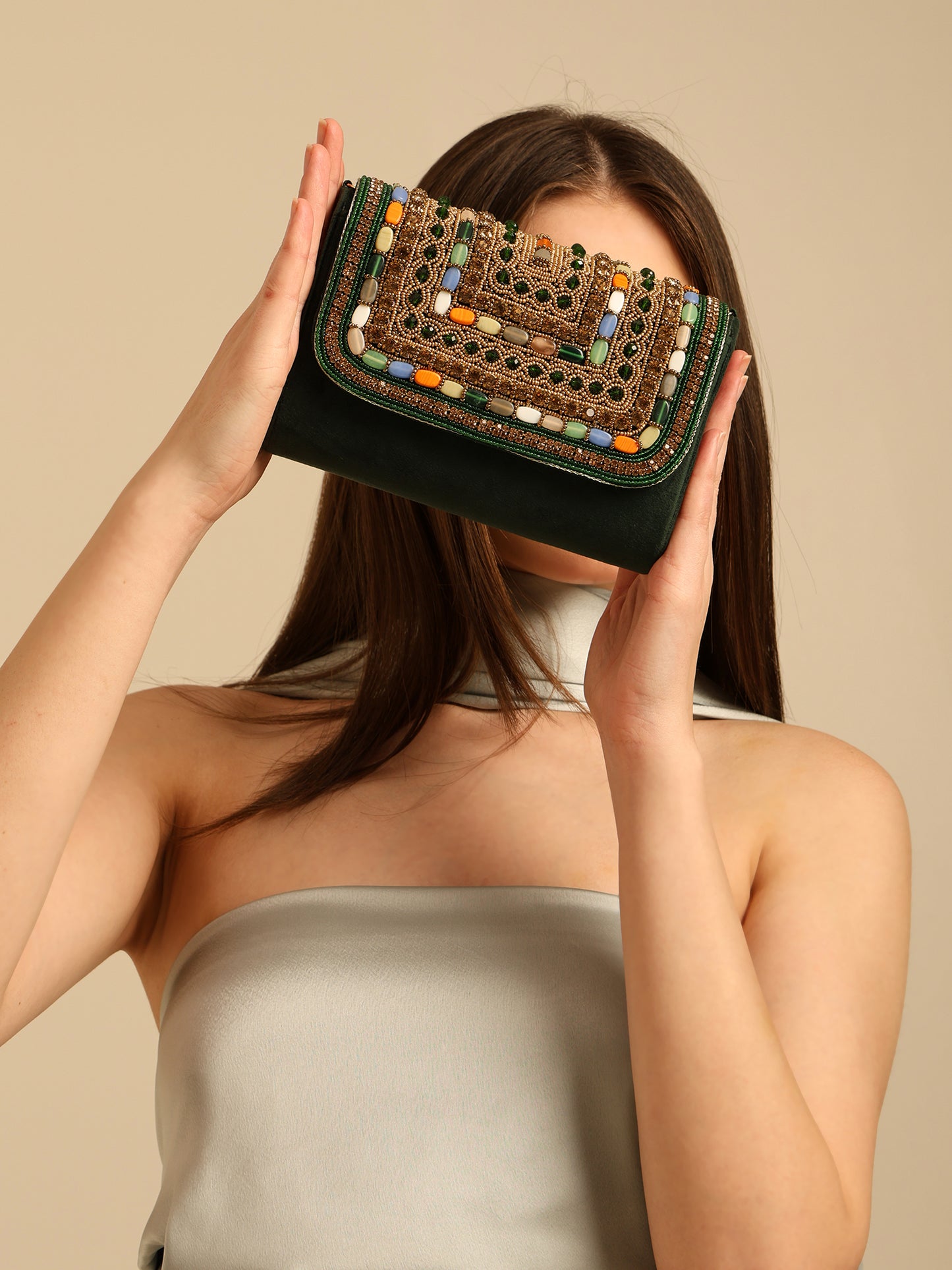 Women Embellished Mini Flap Bag with Bead and Stone Detailing