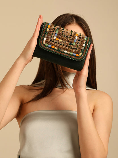 Women Embellished Mini Flap Bag with Bead and Stone Detailing