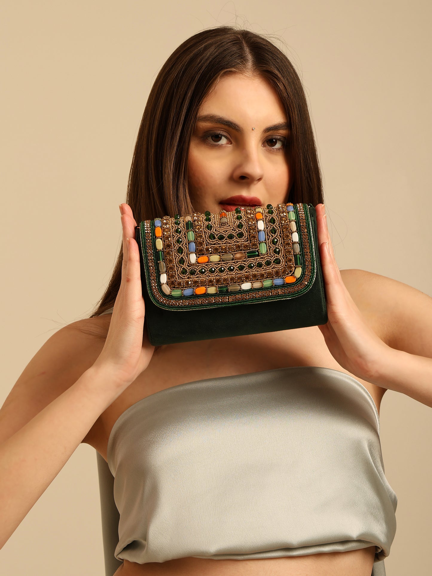Women Embellished Mini Flap Bag with Bead and Stone Detailing