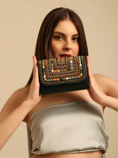 Women Embellished Mini Flap Bag with Bead and Stone Detailing