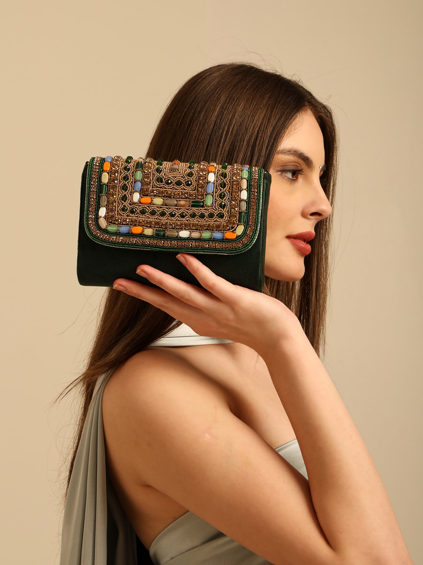 Women Embellished Mini Flap Bag with Bead and Stone Detailing
