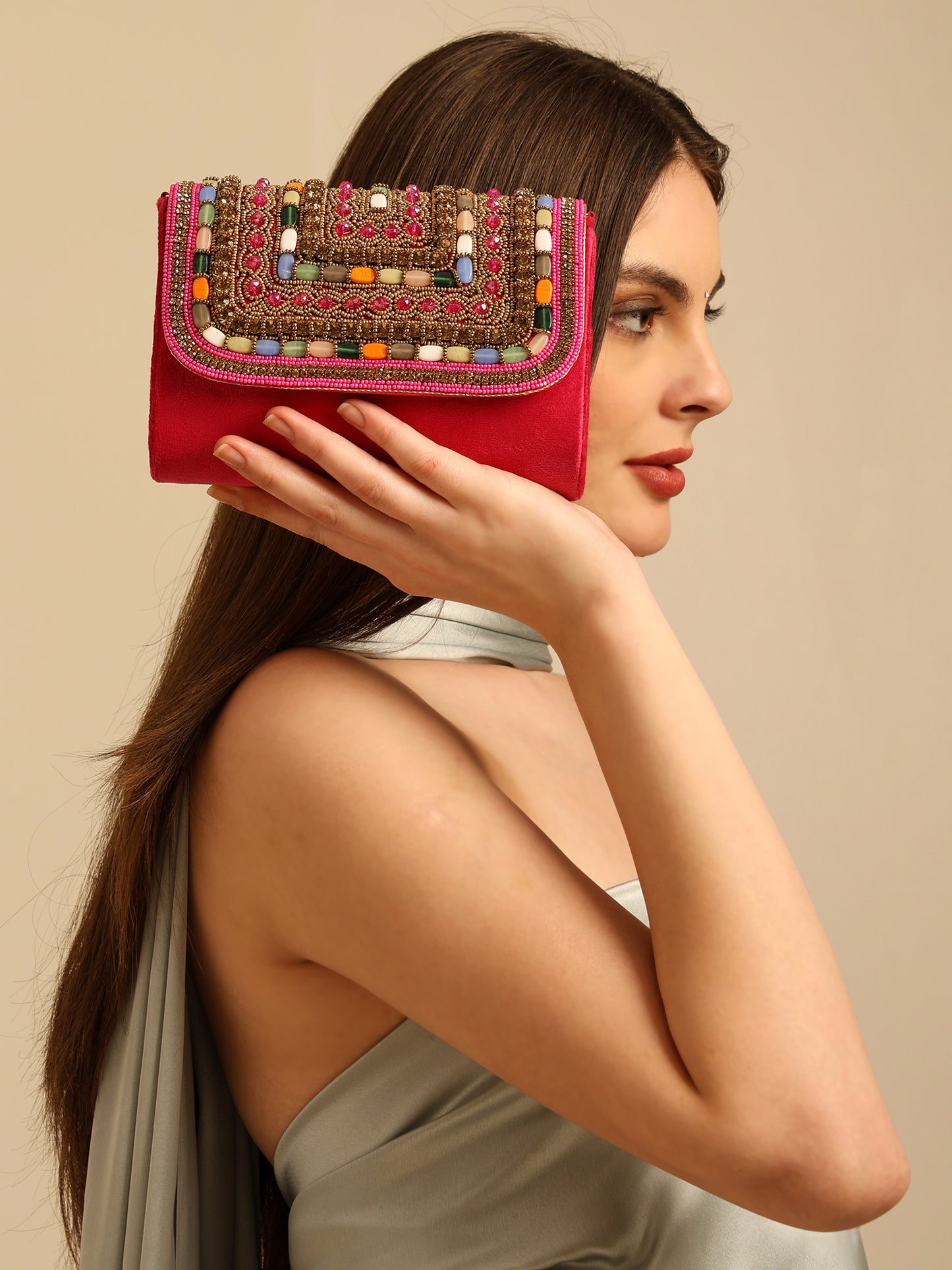 Women Colorful Beaded Velvet Flap Handbag with Chain Strap