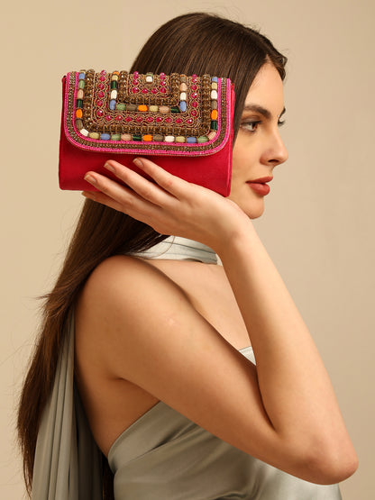 Women Colorful Beaded Velvet Flap Handbag with Chain Strap