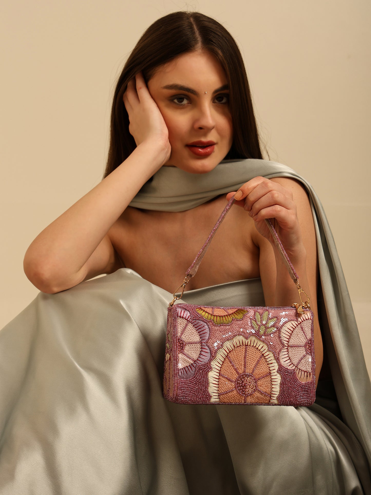 Women Floral Embroidered Handbag with Sequin and Thread Detailing