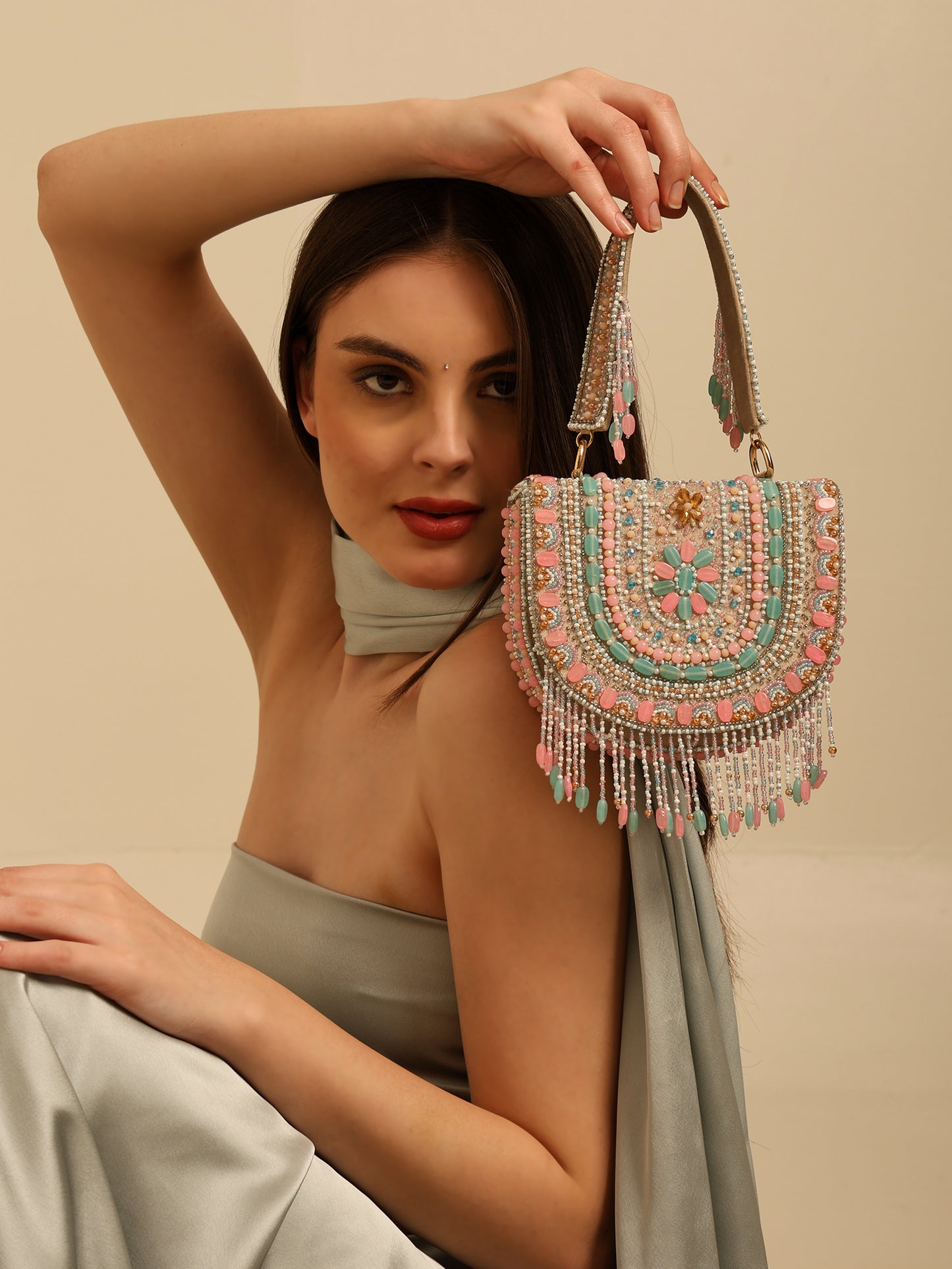 Women Colorful Beaded Flap Bag with Fringe Detail and Chain Strap