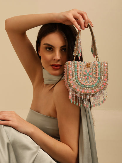 Women Colorful Beaded Flap Bag with Fringe Detail and Chain Strap