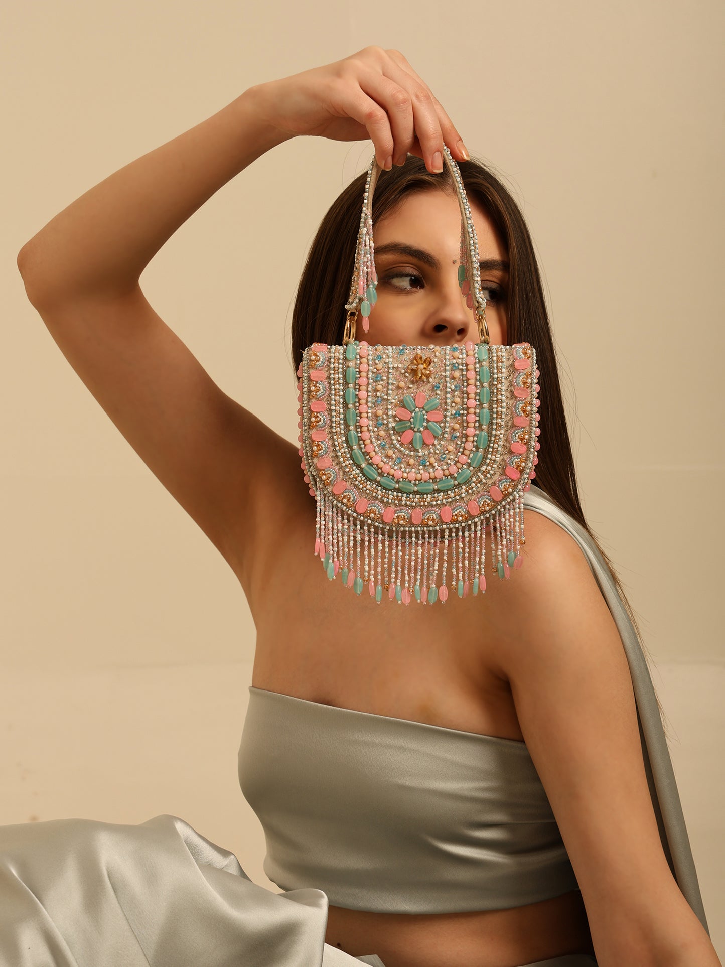 Women Colorful Beaded Flap Bag with Fringe Detail and Chain Strap