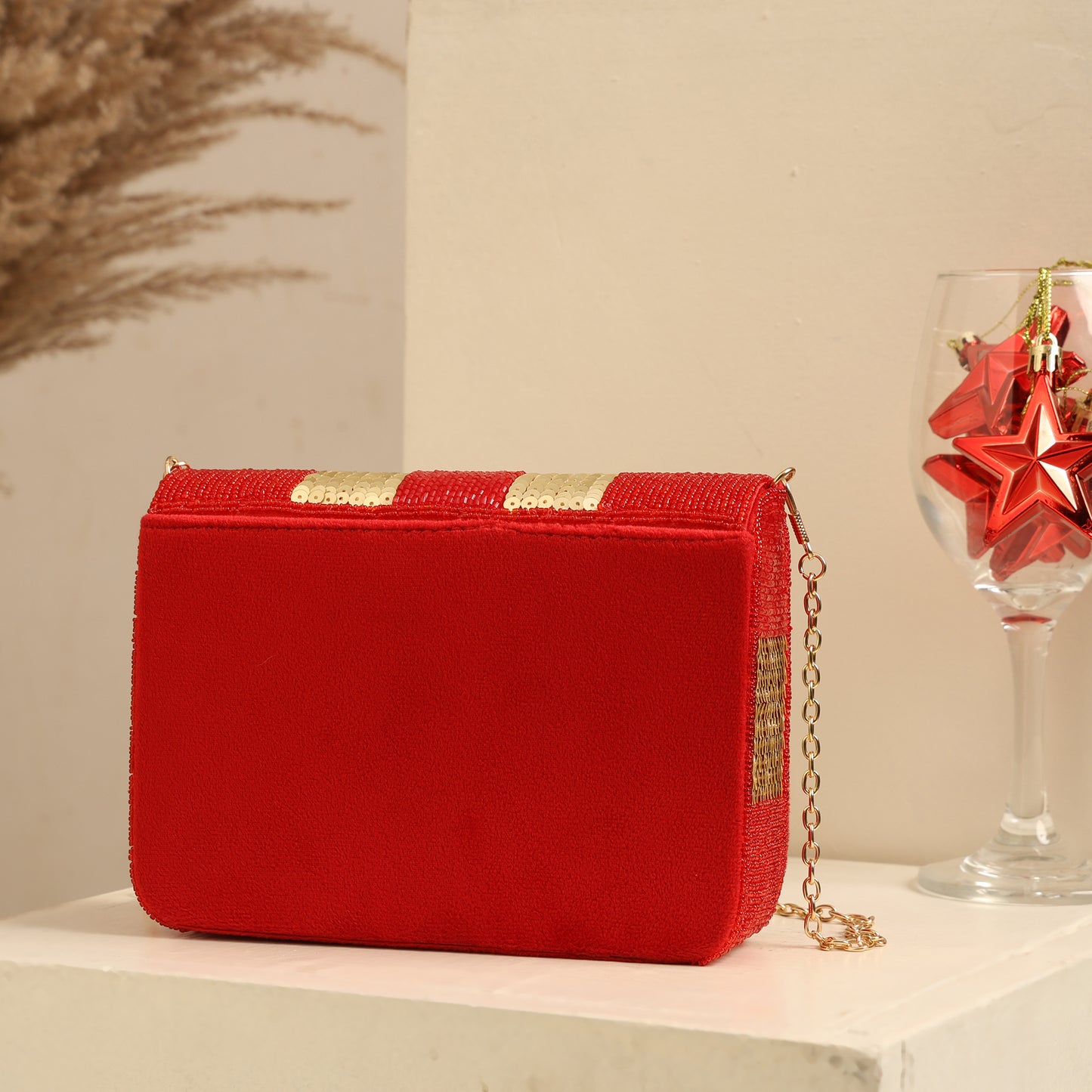 Women Red & Gold Sequin Flap Bag with Chain Strap