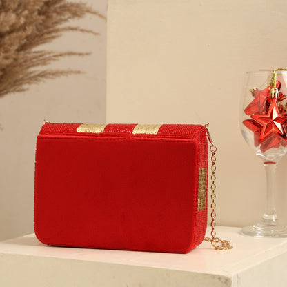 Women Red & Gold Sequin Flap Bag with Chain Strap