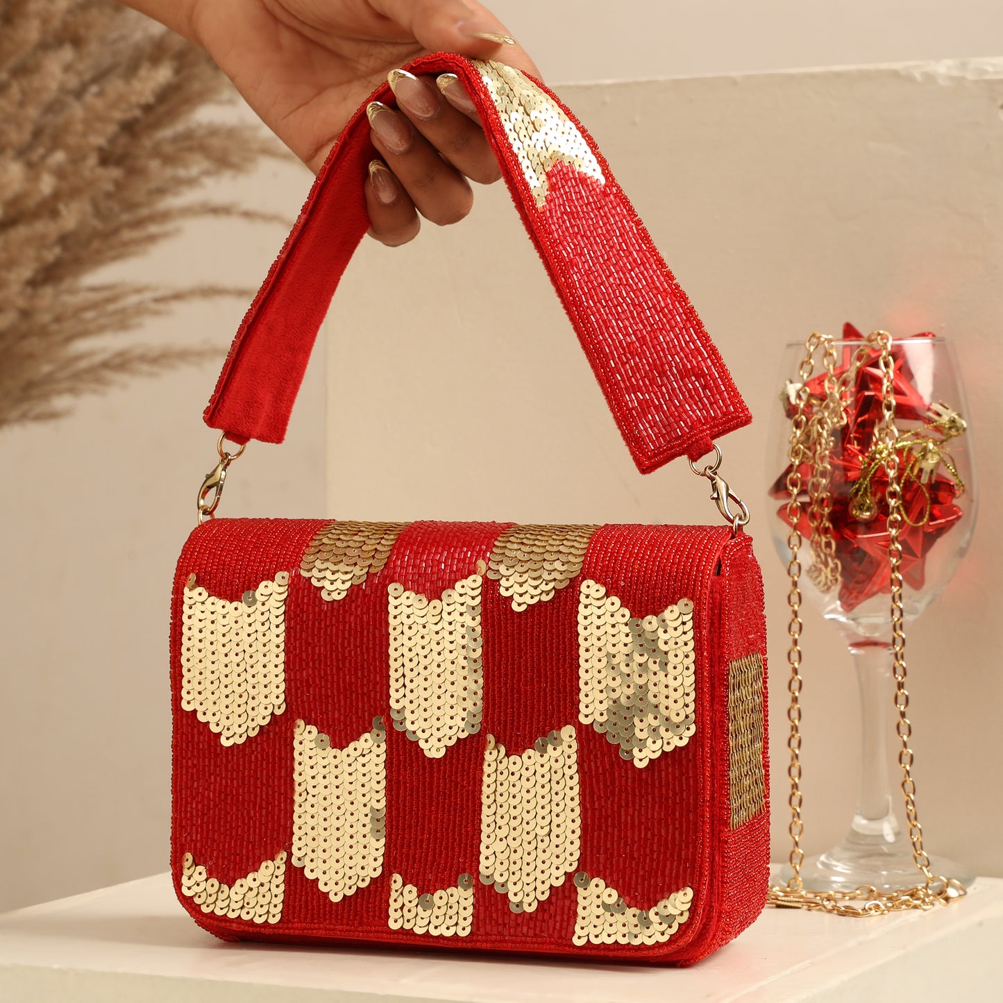 Women Red & Gold Sequin Flap Bag with Chain Strap