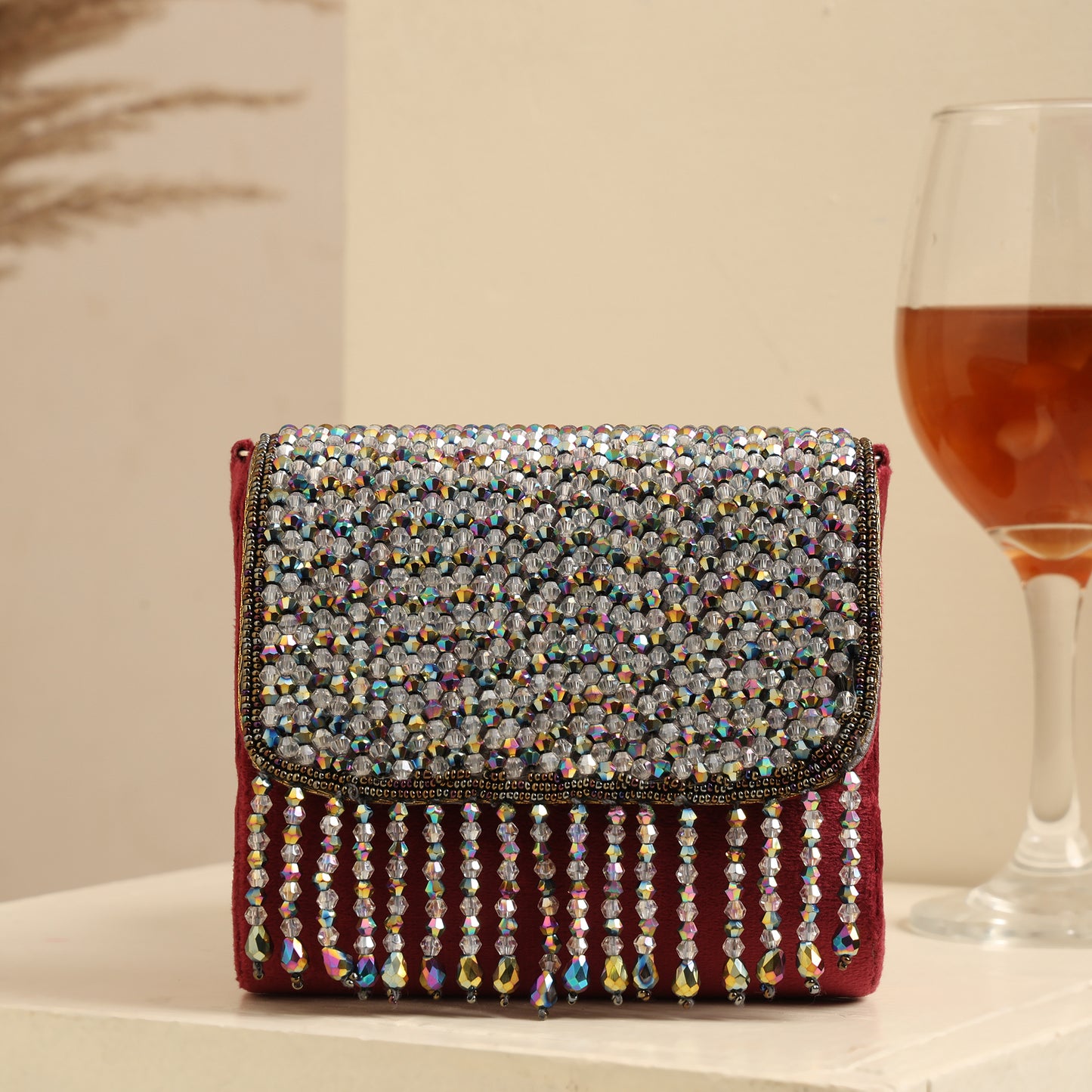 Women Elegant Red Beaded Flap Handbag with Crystal Fringe Detail