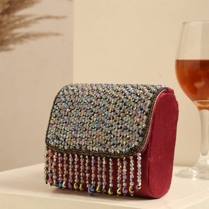 Women Elegant Red Beaded Flap Handbag with Crystal Fringe Detail