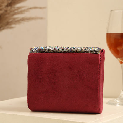 Women Elegant Red Beaded Flap Handbag with Crystal Fringe Detail