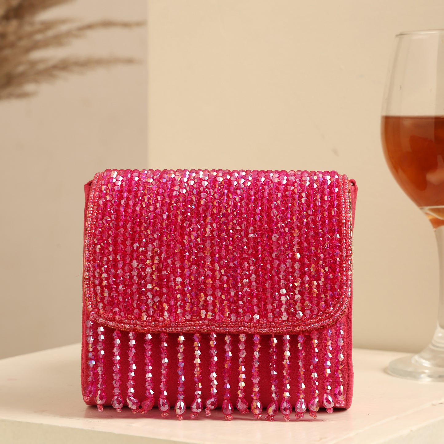 Women Multicolor Beaded Flap Handbag with Chain Strap