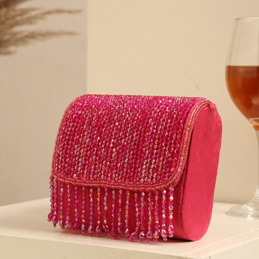 Women Multicolor Beaded Flap Handbag with Chain Strap