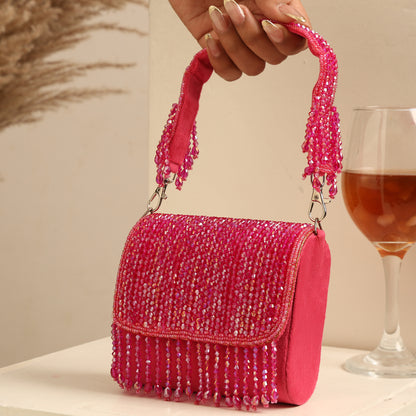 Women Multicolor Beaded Flap Handbag with Chain Strap