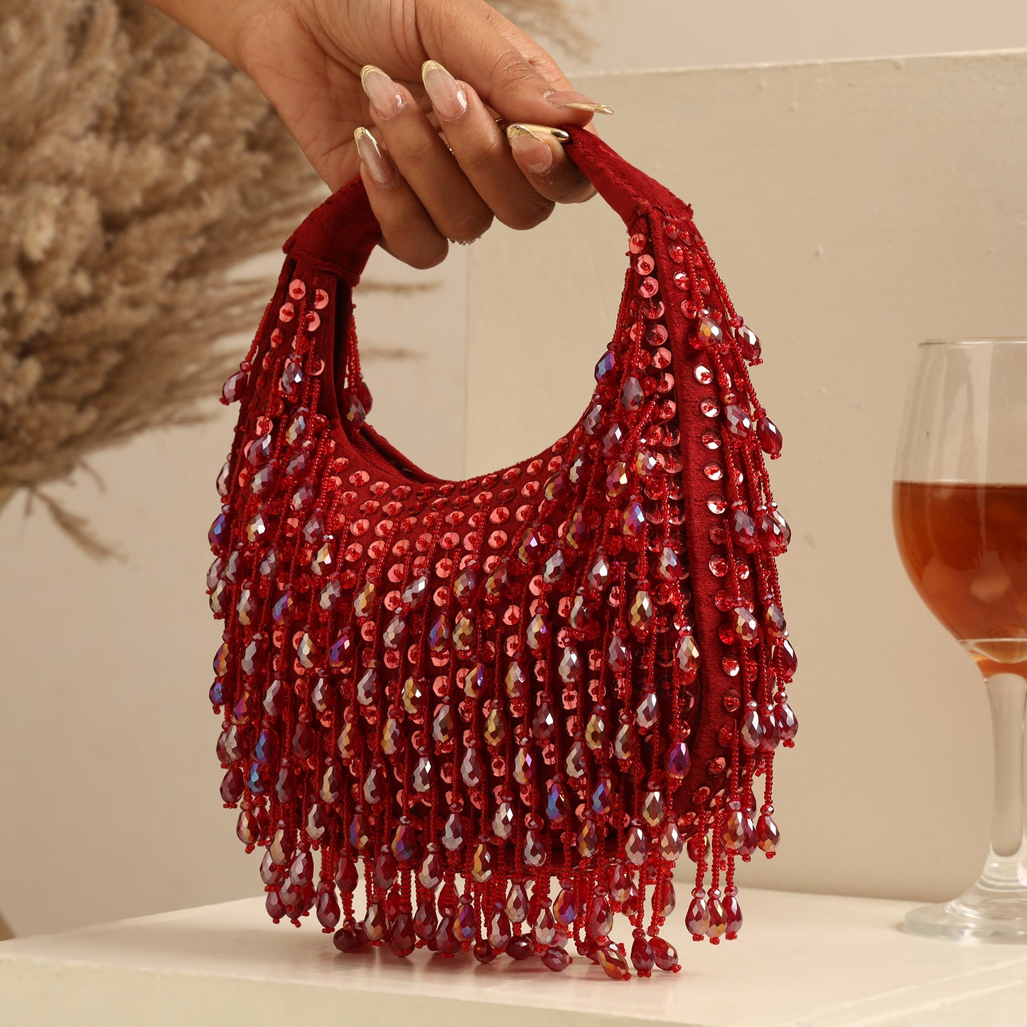 Women Red Sequin Handbag with Fringed Detail and Gold Hardware