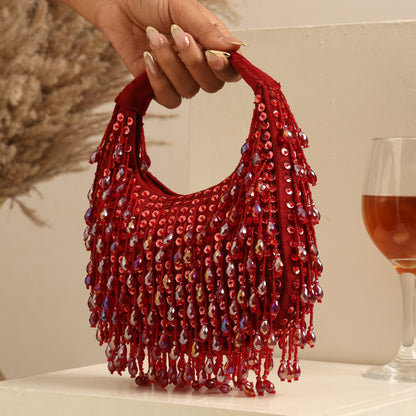Women Red Sequin Handbag with Fringed Detail and Gold Hardware