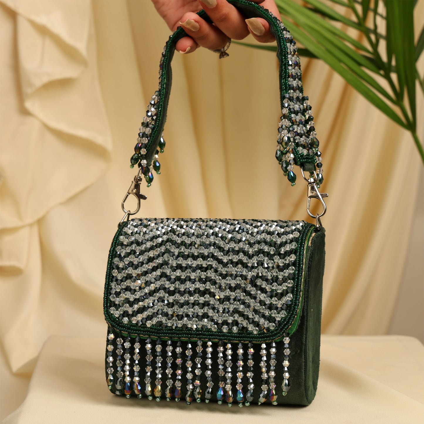Women Emerald Beaded Mini Flap Bag with Crystal Fringe