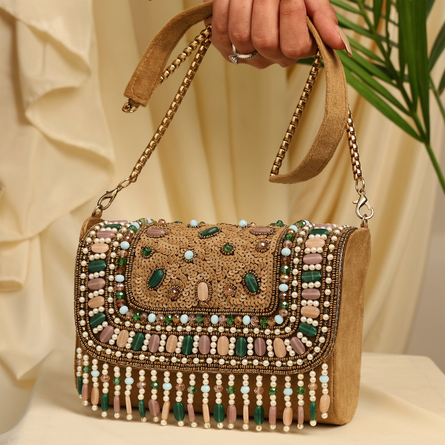 Women Beaded Flap Bag with Fringed Detailing and Chain Strap