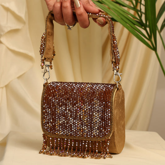 Women Embellished Mini Flap Sling Bag with Beaded Fringe Detail