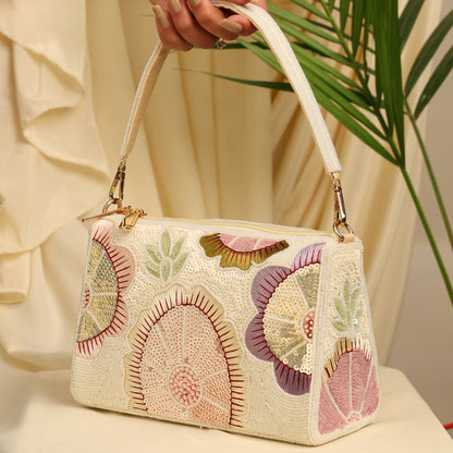 Women Floral Embroidered Handbag with Bead and Sequin Detailing