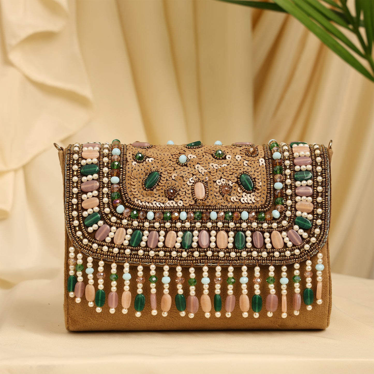 Women Beaded Flap Bag with Fringed Detailing and Chain Strap