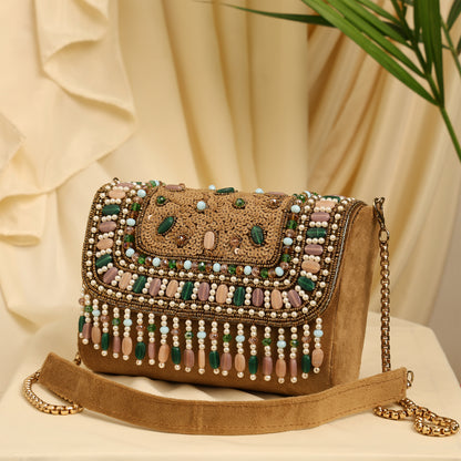 Women Beaded Flap Bag with Fringed Detailing and Chain Strap