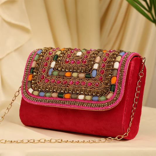 Women Colorful Beaded Velvet Flap Handbag with Chain Strap