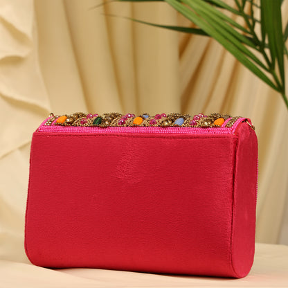 Women Colorful Beaded Velvet Flap Handbag with Chain Strap