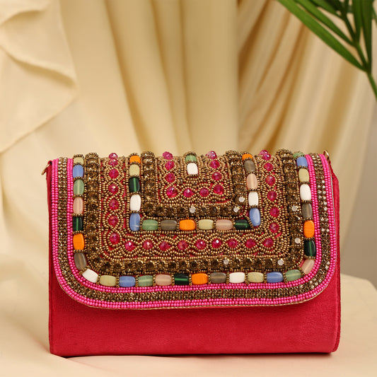 Women Colorful Beaded Velvet Flap Handbag with Chain Strap